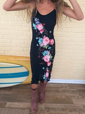 Angie Black Midi Slip Dress with Pink Rose & Aqua Floral Print, Size Small